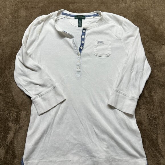 Ralph Lauren LRL White Henley Top w/ Chambray Trim 3/4 Sleeve Y2K Medium - Picture 1 of 7